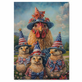 Mother Chicken with Three Baby Chicks in Patriotic Outfits and Hats American Flag Oil Painting on Ready to Hang 1.5" Thick Canvas Wrap, Floating Framed Canvas, Flat Rolled Canvas
